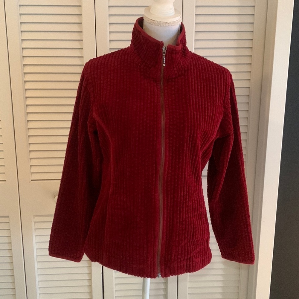 Woolrich Women’s Kinsdale Deep Ruby Red Ribbed Zip Front Jacket Pockets Size S